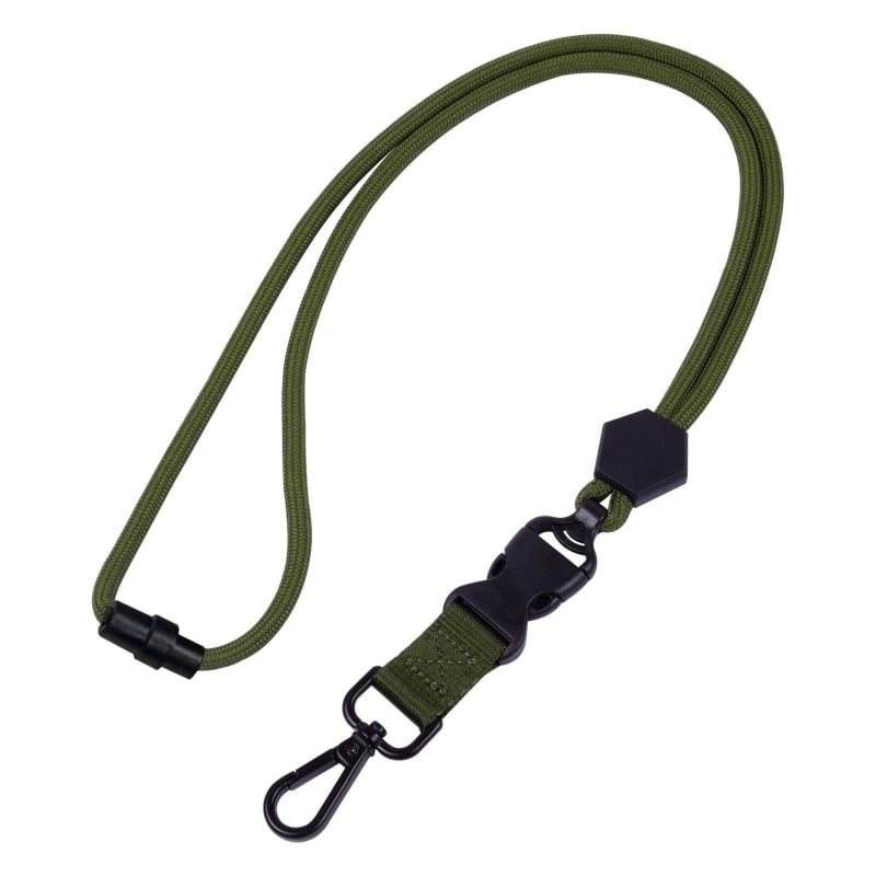 Crni teški lanyard s šesterokutnim metalnim kukom, podesivim remenom, sigurnosnom i odvojivom kopčom — za telefon i identifikacijsku karticu
