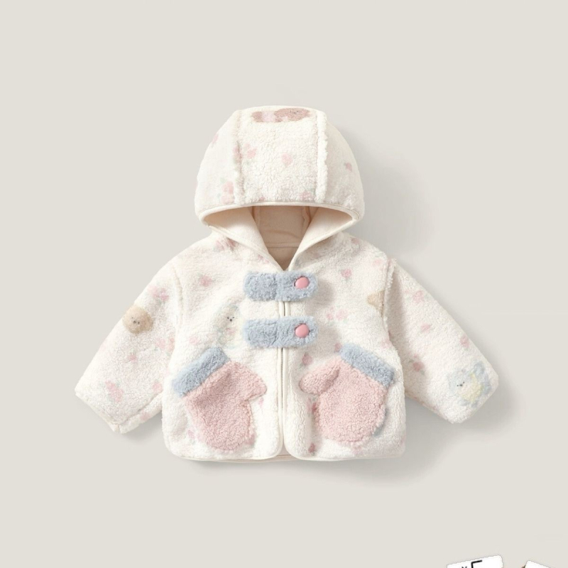 Lányok számára készült téli kapucnis kabát vastag fleece-béléssel, 1–3 éveseknek