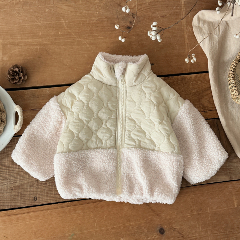 Uniszex téli nylon dzseki fleece béleléssel 1–3 éveseknek, színblokkolt, állig érő gallér, elől zip, vastag és meleg