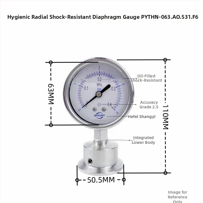 Sanitárny diafragmový tlakomer PYTHN63F6, klipový rýchly montážny typ, 50,5 mm, nominálny priemer 63 mm, odolný proti otrasom