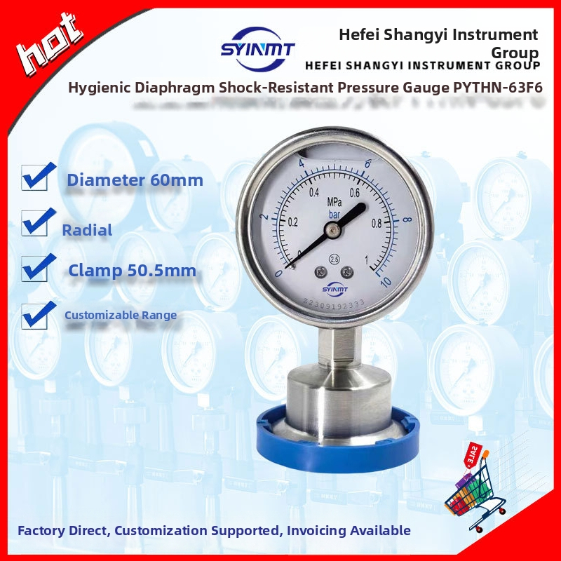 Sanitárny diafragmový tlakomer PYTHN63F6, klipový rýchly montážny typ, 50,5 mm, nominálny priemer 63 mm, odolný proti otrasom