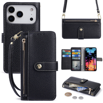Husă din piele PU cu portofel și clapă pentru iPhone 16, cu curea crossbody