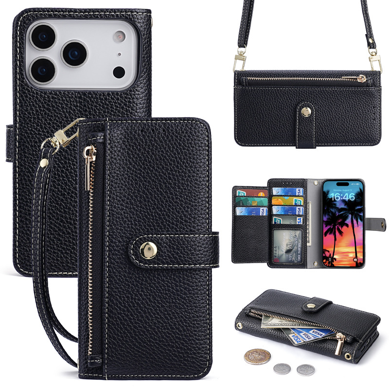 Husă din piele PU cu portofel și clapă pentru iPhone 16, cu curea crossbody