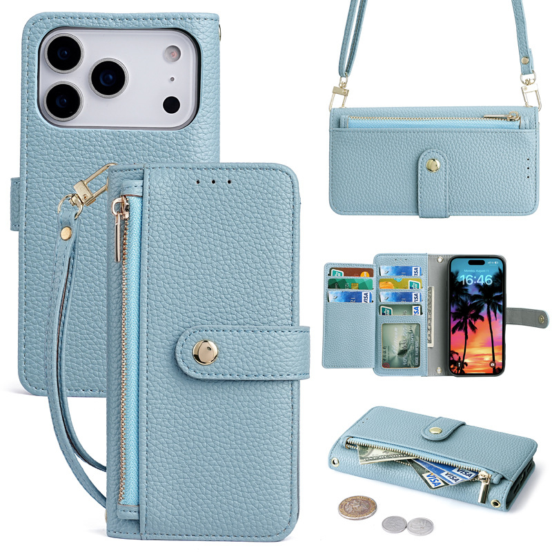 Husă din piele PU cu portofel și clapă pentru iPhone 16, cu curea crossbody
