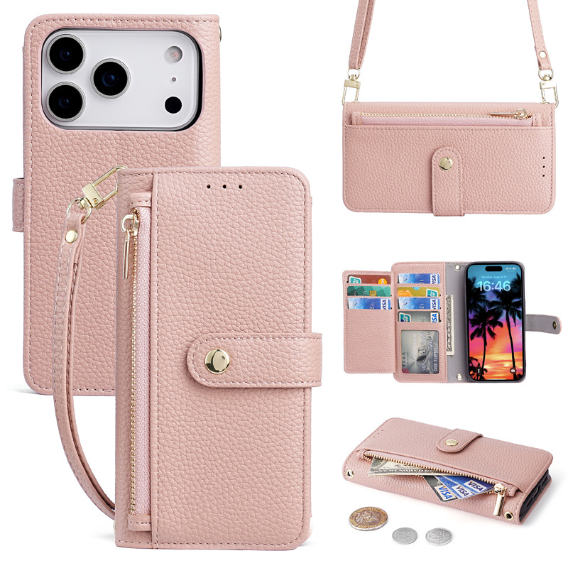 Husă din piele PU cu portofel și clapă pentru iPhone 16, cu curea crossbody