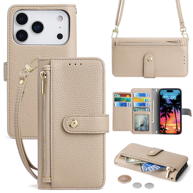 Husă din piele PU cu portofel și clapă pentru iPhone 16, cu curea crossbody