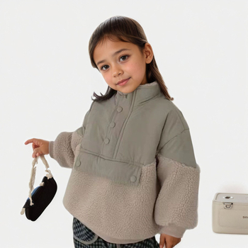 Gyerekek téli pamutkabát kapucnival, uniszex, koreai stílus, patchwork, báránygyapjú bélésű fleece