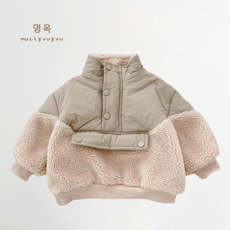 Gyerekek téli pamutkabát kapucnival, uniszex, koreai stílus, patchwork, báránygyapjú bélésű fleece