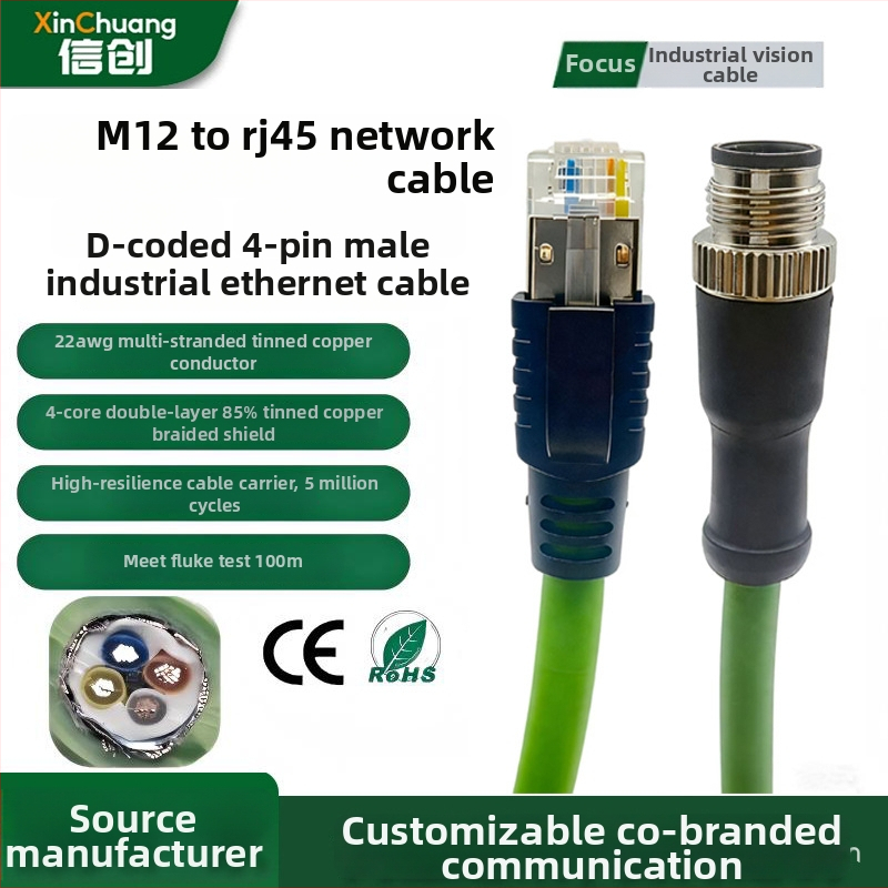 Flexibilný kábel drag chain, štvorjadrový, M12 na RJ45, D-kódovaný 4-pínový samčík, priemyselný gigabitový Ethernet kábel