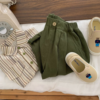Gyerekeknek pamutnadrág, uniszex, magas derekú, katonazöld, casual, mosott pamut, kód C0203