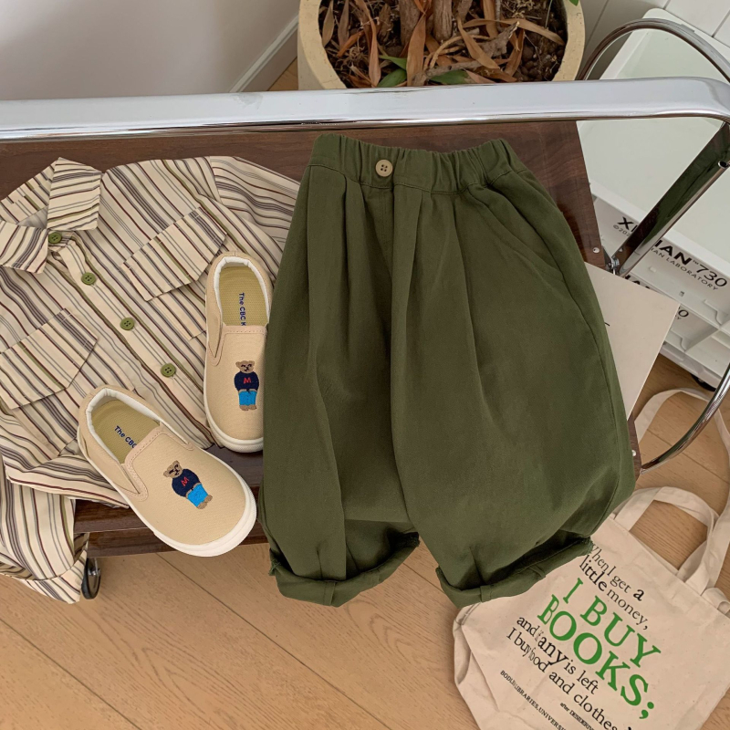 Gyerekeknek pamutnadrág, uniszex, magas derekú, katonazöld, casual, mosott pamut, kód C0203
