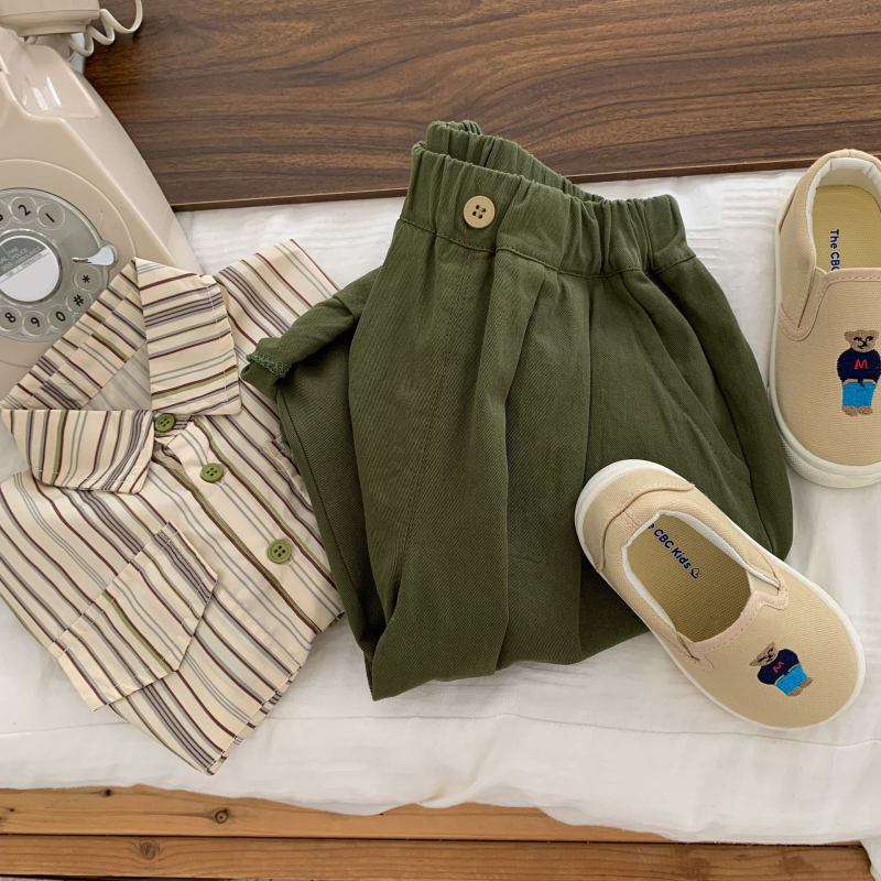 Gyerekeknek pamutnadrág, uniszex, magas derekú, katonazöld, casual, mosott pamut, kód C0203