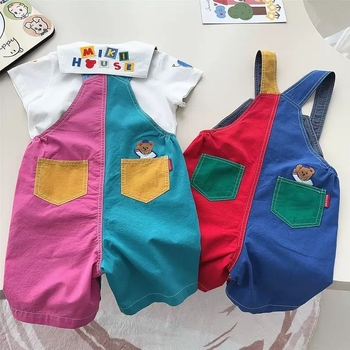 Dječji kombinezon s naramenicama, izvezenim medvjedićem i crtanim motivom, proljetno-jesenski japanski stil, mekan i udoban, patchwork hlače za braću i sestre