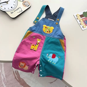Dječji kombinezon s naramenicama, izvezenim medvjedićem i crtanim motivom, proljetno-jesenski japanski stil, mekan i udoban, patchwork hlače za braću i sestre