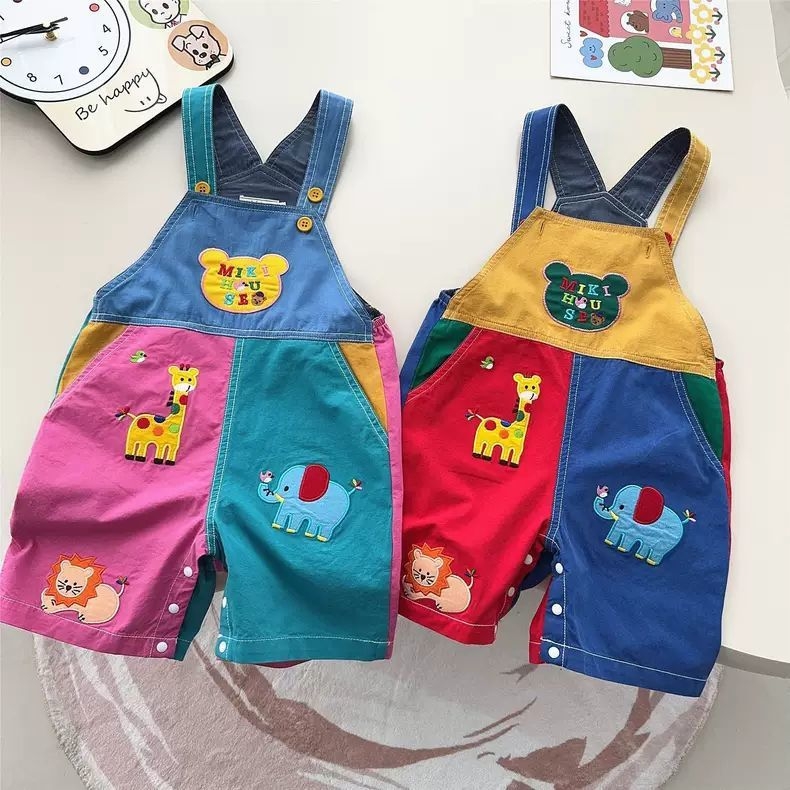 Dječji kombinezon s naramenicama, izvezenim medvjedićem i crtanim motivom, proljetno-jesenski japanski stil, mekan i udoban, patchwork hlače za braću i sestre