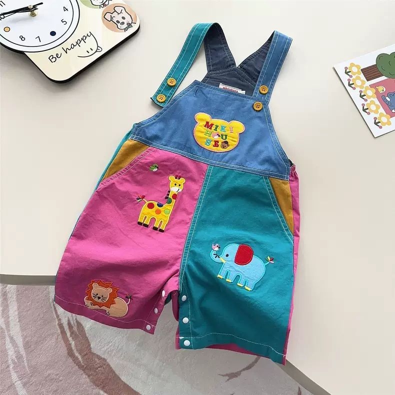 Dječji kombinezon s naramenicama, izvezenim medvjedićem i crtanim motivom, proljetno-jesenski japanski stil, mekan i udoban, patchwork hlače za braću i sestre