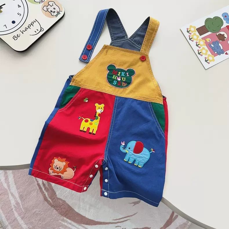 Dječji kombinezon s naramenicama, izvezenim medvjedićem i crtanim motivom, proljetno-jesenski japanski stil, mekan i udoban, patchwork hlače za braću i sestre