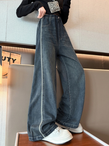 Lányoknak készült denim széles lábú nadrág oldalsó csíkkal, laza szabás, 2026 tavasz-őszi modell