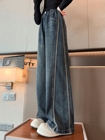 Lányoknak készült denim széles lábú nadrág oldalsó csíkkal, laza szabás, 2026 tavasz-őszi modell