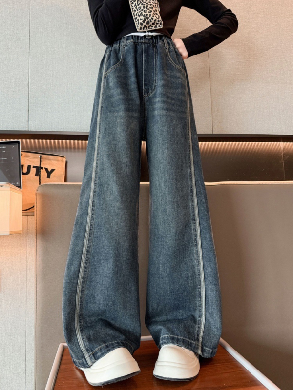 Lányoknak készült denim széles lábú nadrág oldalsó csíkkal, laza szabás, 2026 tavasz-őszi modell