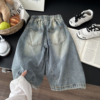 Uniszex gyerek farmernadrág tavasz-ősz, patchwork, koreai stílusú, casual farmernadrág 3–8 éveseknek