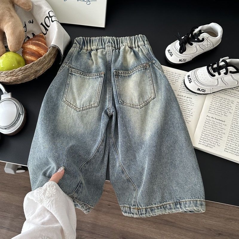 Uniszex gyerek farmernadrág tavasz-ősz, patchwork, koreai stílusú, casual farmernadrág 3–8 éveseknek
