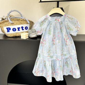 Dječja ljetna haljina, cvjetni uzorak, kratki rukavi, A-linija, stil princeze, pamuk, model 0036A001