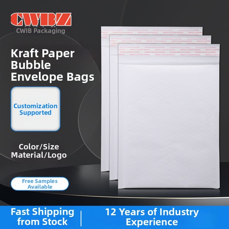 Biele bubble mailer z PE kraft papiera, samolepiace, zosilnená pena, dlhý kurier obal, vonkajšie rozmery 11×13+4 cm, vnútorné 9×13+4 cm, recyklovateľné, možnosť potlače loga