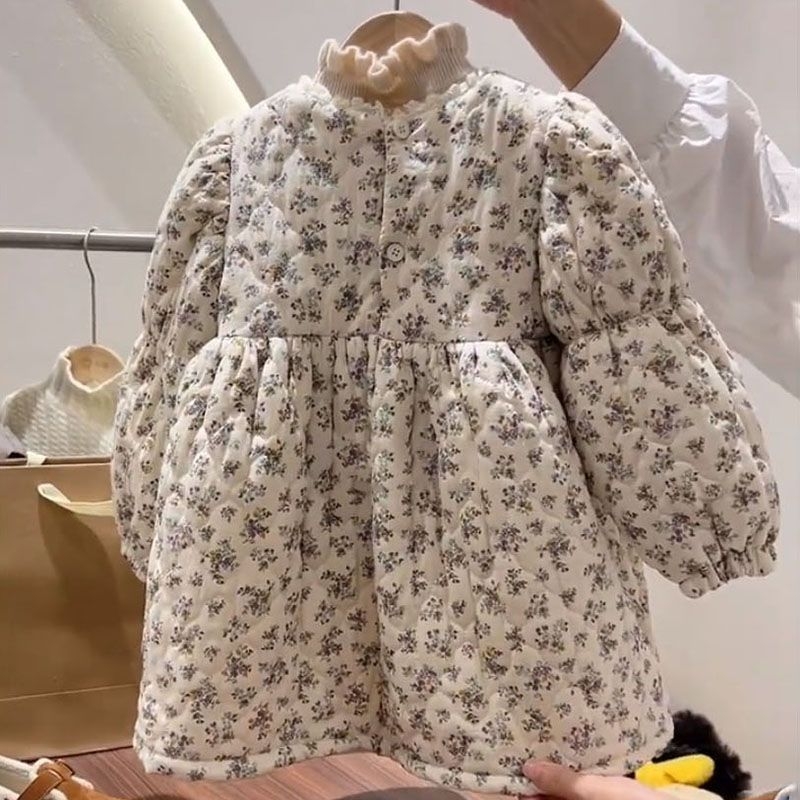 Koreai stílusú bébi lányok quiltelt ruha, téli virágos mintával, 0–12 hónap