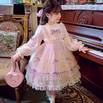 Dječja proljetna haljina princeze od organze s mrežastim materijalom, dugi rukav, mašna