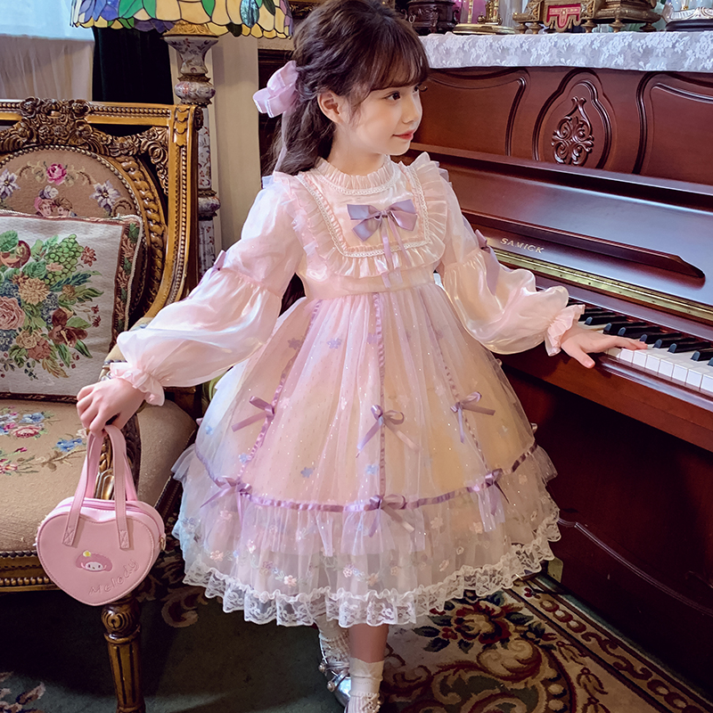 Dječja proljetna haljina princeze od organze s mrežastim materijalom, dugi rukav, mašna