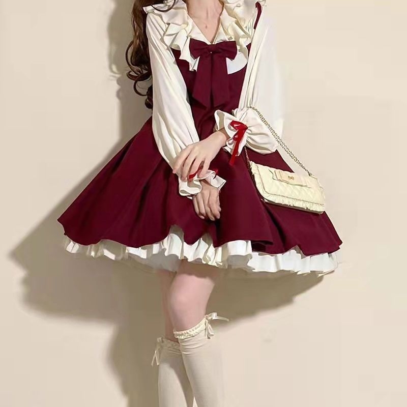 Dječja haljina Lolita s mašnom, dvodijelni set, proljetno-jesenski stil, božićni motiv, 0218A004