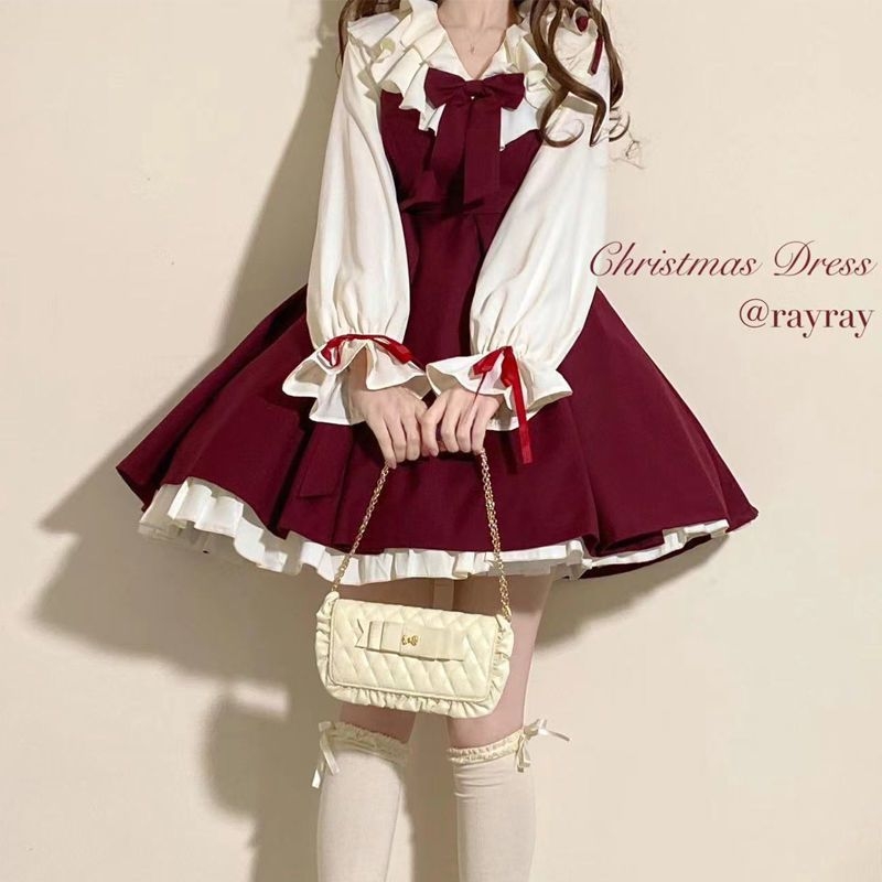 Dječja haljina Lolita s mašnom, dvodijelni set, proljetno-jesenski stil, božićni motiv, 0218A004