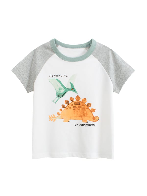 27kids Gyerekeknek készült pamut rövid ujjú póló dinoszaurusz mintával, kerek nyakú, nyárra
