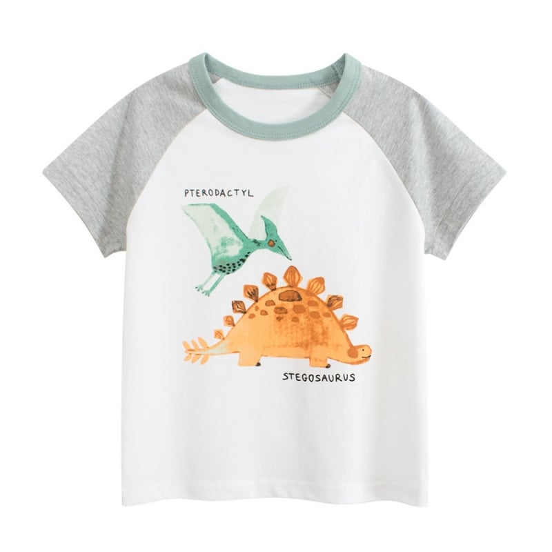 27kids Gyerekeknek készült pamut rövid ujjú póló dinoszaurusz mintával, kerek nyakú, nyárra