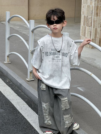 Buds gyerekeknek szóló nyári T-shirt 2025 - koreai stílus, kerek nyak, rövid ujjú, 3-8 év, 100-140 cm, 95% pamut