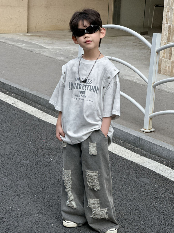 Buds gyerekeknek szóló nyári T-shirt 2025 - koreai stílus, kerek nyak, rövid ujjú, 3-8 év, 100-140 cm, 95% pamut