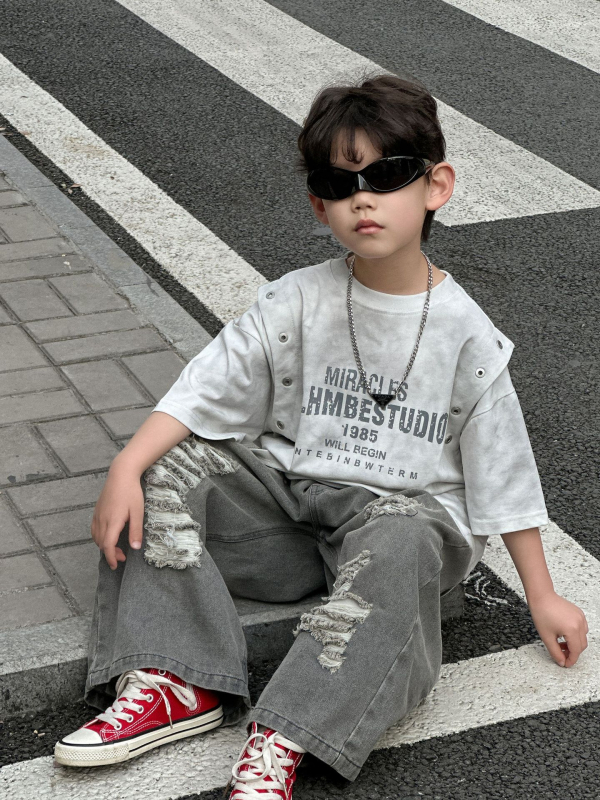 Buds gyerekeknek szóló nyári T-shirt 2025 - koreai stílus, kerek nyak, rövid ujjú, 3-8 év, 100-140 cm, 95% pamut