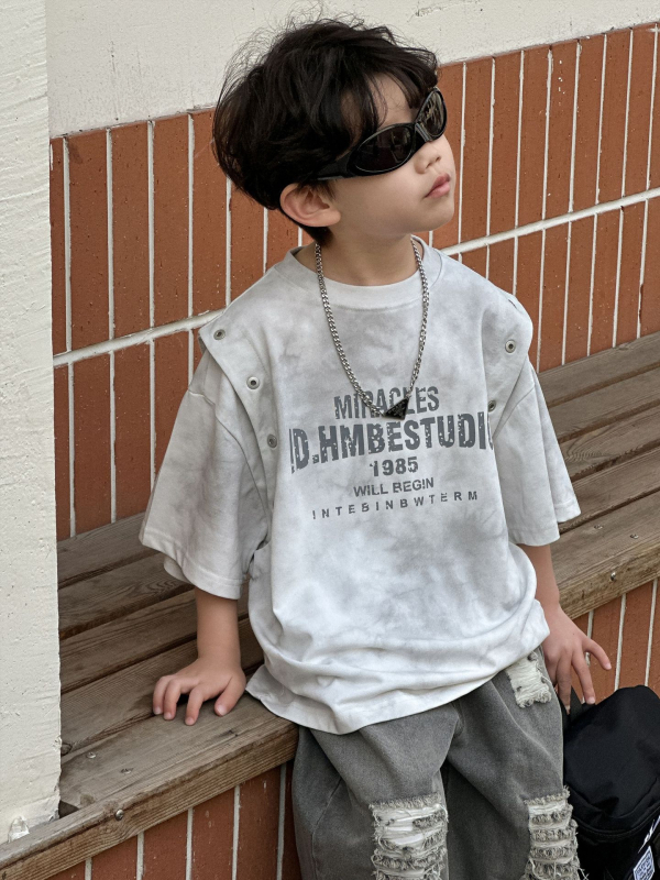 Buds gyerekeknek szóló nyári T-shirt 2025 - koreai stílus, kerek nyak, rövid ujjú, 3-8 év, 100-140 cm, 95% pamut
