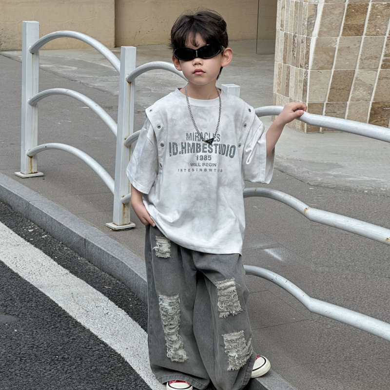 Buds gyerekeknek szóló nyári T-shirt 2025 - koreai stílus, kerek nyak, rövid ujjú, 3-8 év, 100-140 cm, 95% pamut