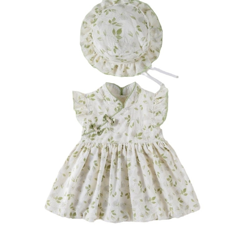 Kisbaba lány nyári ruha, ujj nélkül, A-vonalú, chiffon, virágos mintával, pamut bélés, kínai stílus, hercegnő