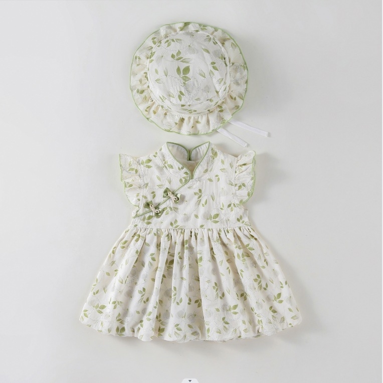 Kisbaba lány nyári ruha, ujj nélkül, A-vonalú, chiffon, virágos mintával, pamut bélés, kínai stílus, hercegnő
