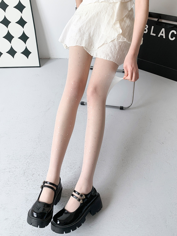 Ženske pantyhose s pailete, ultra tanke za ljeto, bijele s uzorkom zvijezda, Lolita stil