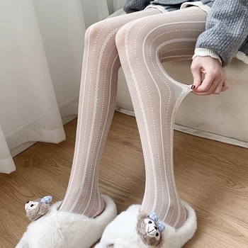 Ženski prozirni bodystocking za proljeće i jesen, bijela, tanak, s vertikalnim pletenim prugama, ultra proziran, oblikuje kožu