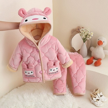 Lányok téli vastag pizsamái, háromrétegű quilt korall fleece anyagból, otthoni viselet gyerekeknek