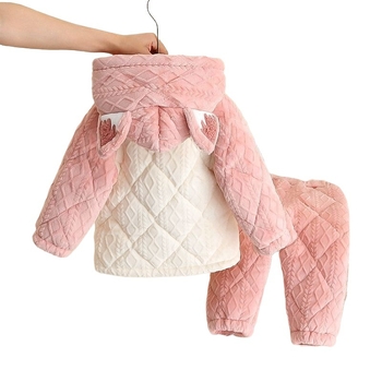 Lányok téli vastag pizsamái, háromrétegű quilt korall fleece anyagból, otthoni viselet gyerekeknek