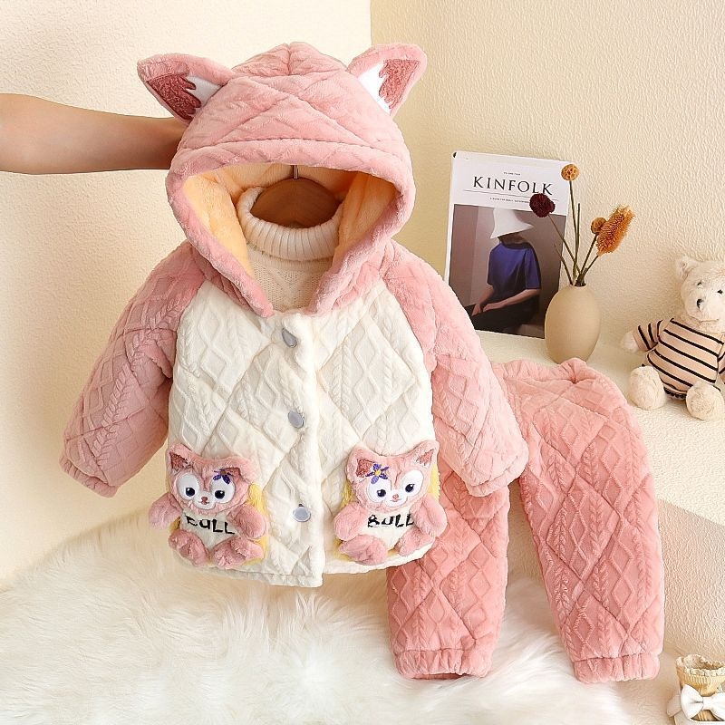 Lányok téli vastag pizsamái, háromrétegű quilt korall fleece anyagból, otthoni viselet gyerekeknek