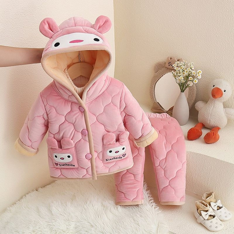 Lányok téli vastag pizsamái, háromrétegű quilt korall fleece anyagból, otthoni viselet gyerekeknek