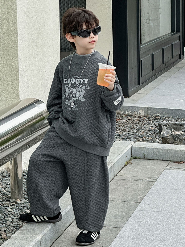 Cotton Shop fiúknak szóló két darabos készlet, őszi-téli, koreai stílus, rajzfilm mintával, meleg ruházat
