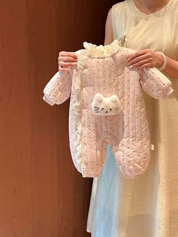 Koreai stílusú csipkés babaaruha overál, 0–1 év, téli meleg fleece